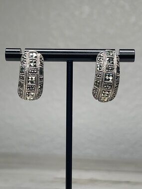 Vintage Sterling Silver Marcasite Half Hoop Statement Earrings